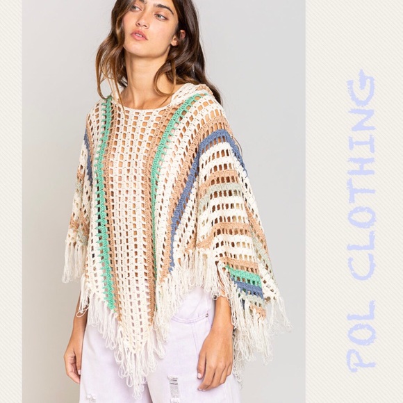 POL CLOTHING Bikini cover up crochet style fringe hoodie stripe cream sweater - Picture 4 of 10